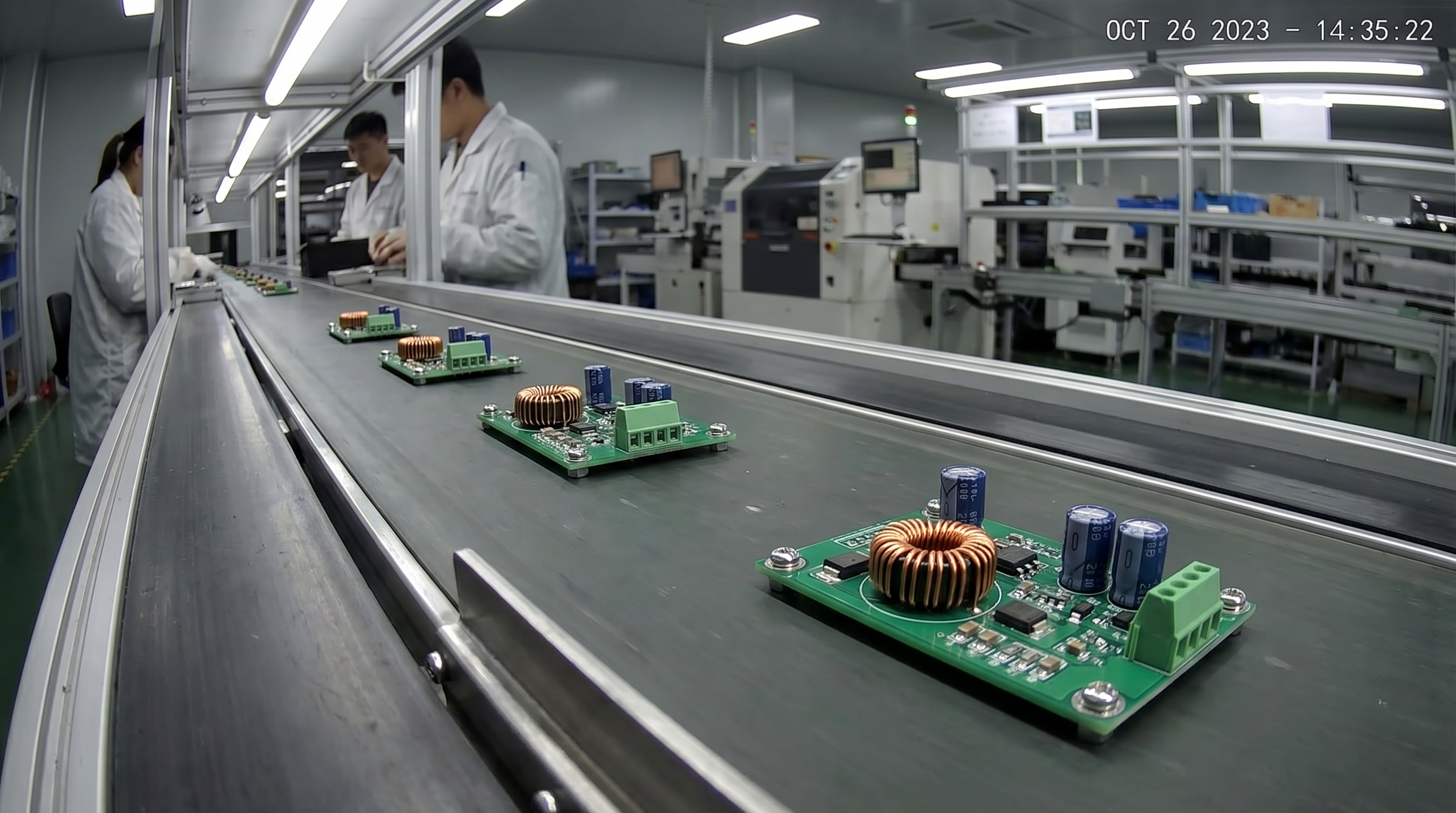Linha de montagem com placas de circuito na esteira e operadores ao fundo